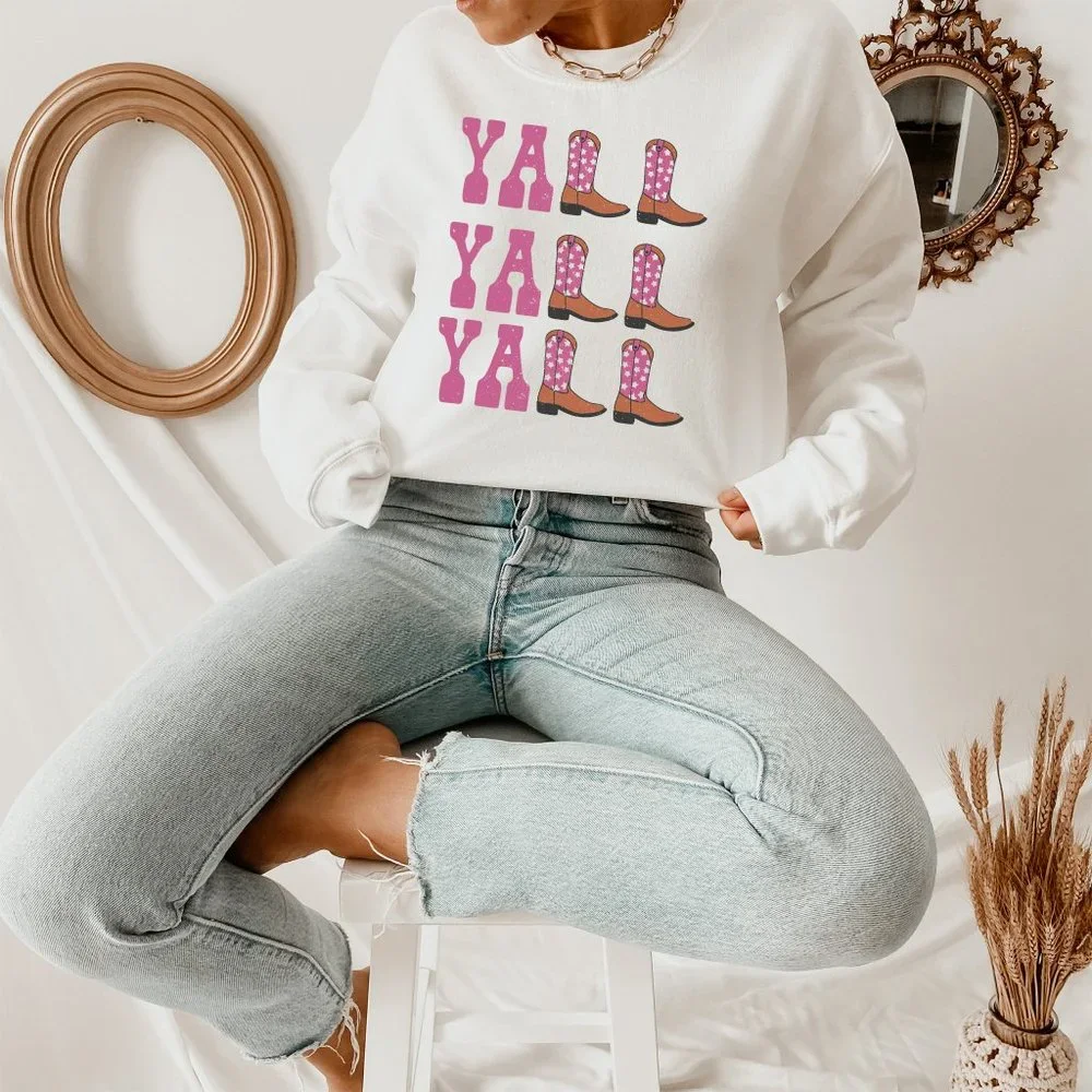 Yall Yall Yall Pink and Orange Cowboy Cowgirl Western Boots Sweatshirt - Picture 2 of 5